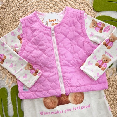 Conj. Colete Puffer Corações  e Vestido Ursinha Always Love - Rosa e Areia